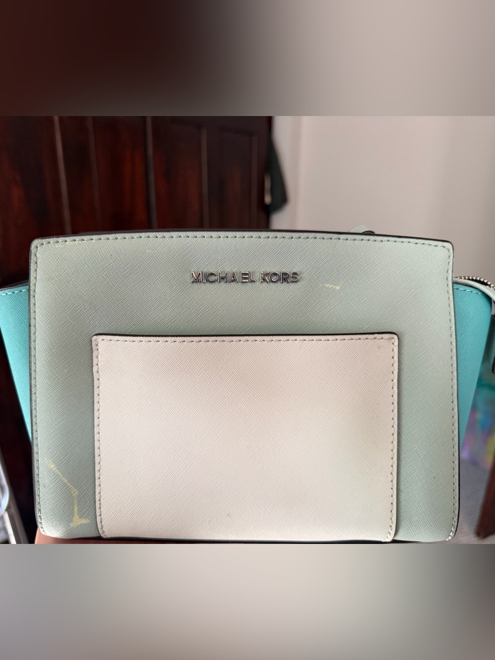 Michael Kors Mint Green and White Leather Crossbody
